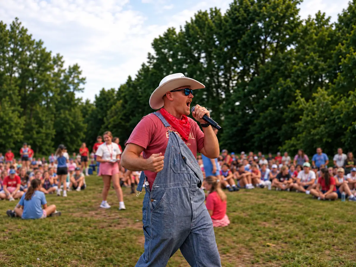 A counselor in overalls and a cowboy hat singing into a microphone at the Western Day hoedown